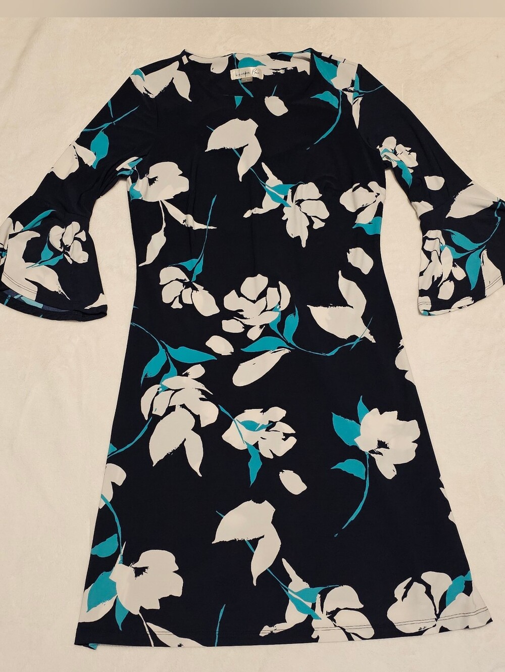 Women’s Navy Floral Shift Dress with Teal Accents Size 6